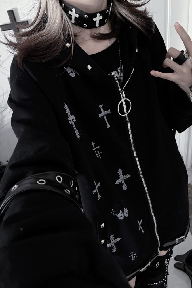 Tricuspid C Summoning Maze Jirai Kei Printed Grey Black Coat