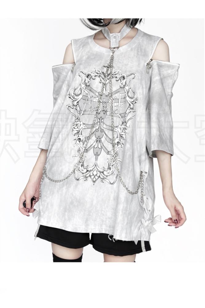 AO Space Rib Prints Jirai Kei Halter Neck Chain T Shirt