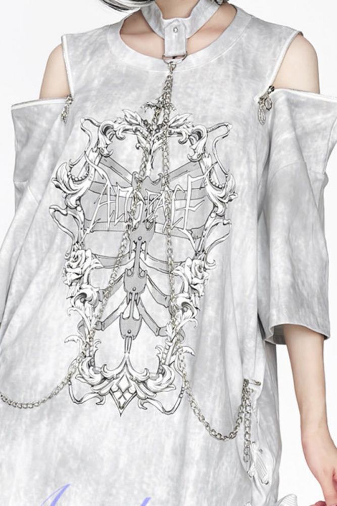 AO Space Rib Prints Jirai Kei Halter Neck Chain T Shirt