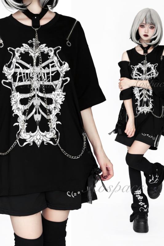 AO Space Rib Prints Jirai Kei Halter Neck Chain T Shirt