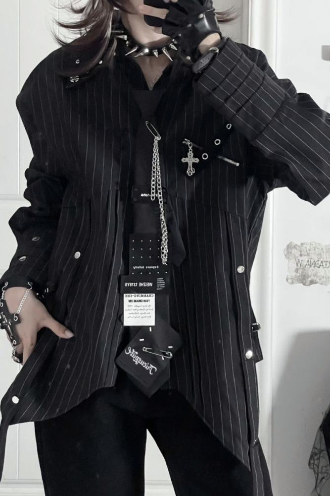 Tricuspid C Metal Stripe Jirai Kei Long Sleeve Blouse