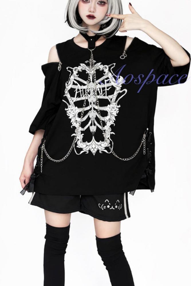 AO Space Rib Prints Jirai Kei Halter Neck Chain T Shirt
