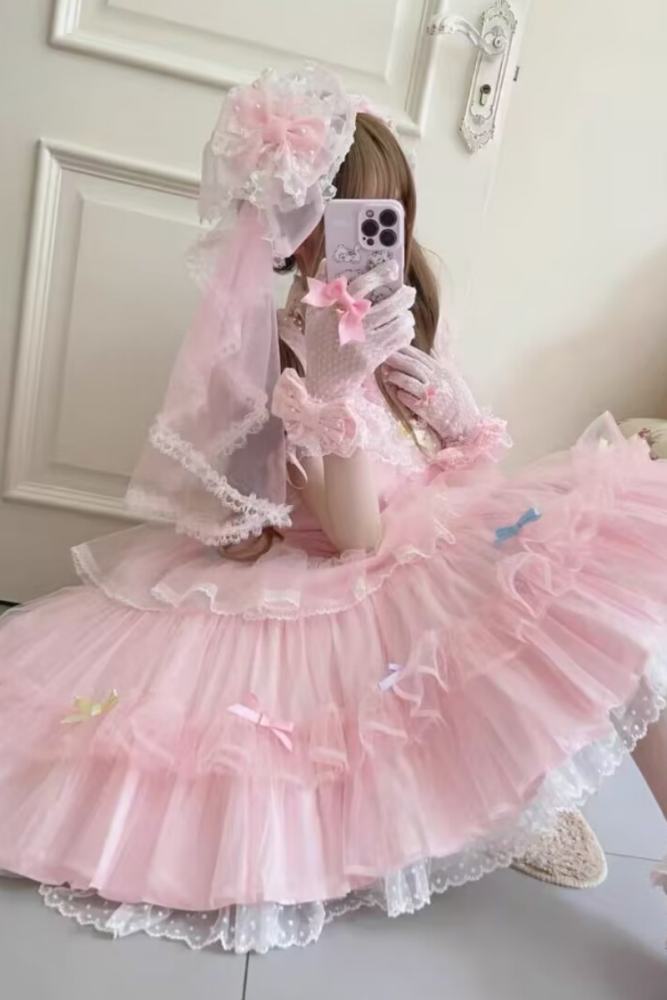 Sweet Lolita Flower Ball Head Veil Headbow