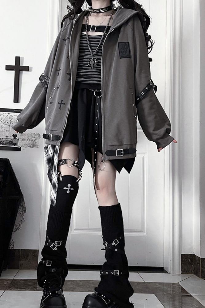 Tricuspid C Summoning Maze Jirai Kei Printed Grey Black Coat