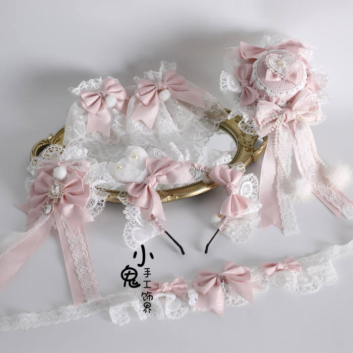 White Pink Lolita Bonnet Flower Ball Hairband and Choker