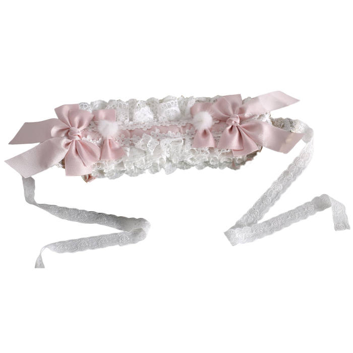 White Pink Lolita Bonnet Flower Ball Hairband and Choker