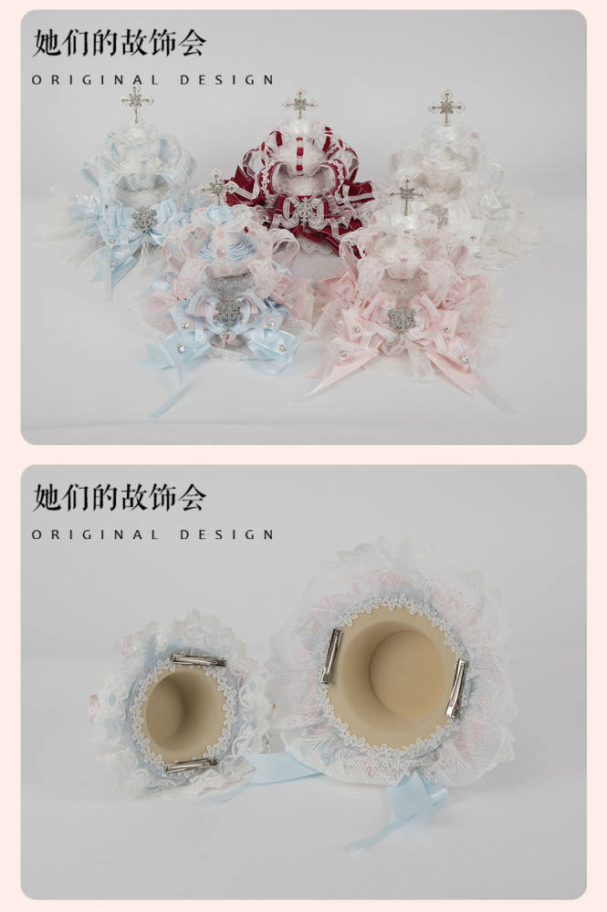 Gsh Pink Crown Lolita Top Hat Headbow Side Clip Hair Accessories