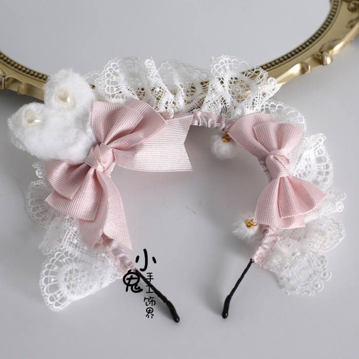 White Pink Lolita Bonnet Flower Ball Hairband and Choker