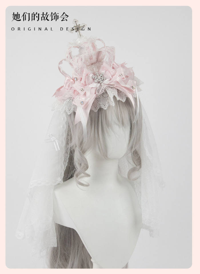 Gsh Pink Crown Lolita Top Hat Headbow Side Clip Hair Accessories