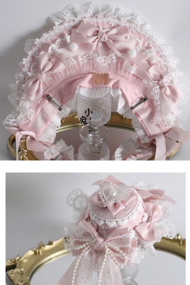 White Pink Lolita Bonnet Flower Ball Hairband and Choker