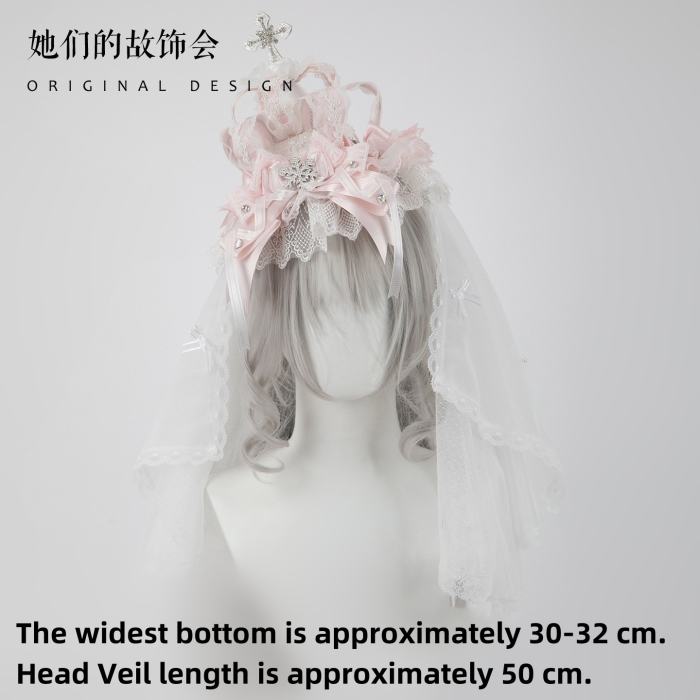 Gsh Pink Crown Lolita Top Hat Headbow Side Clip Hair Accessories