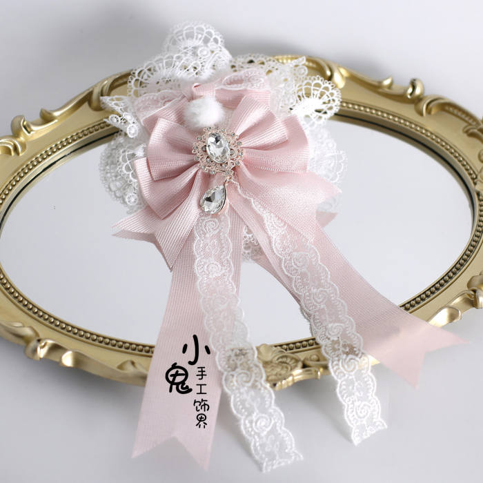 White Pink Lolita Bonnet Flower Ball Hairband and Choker