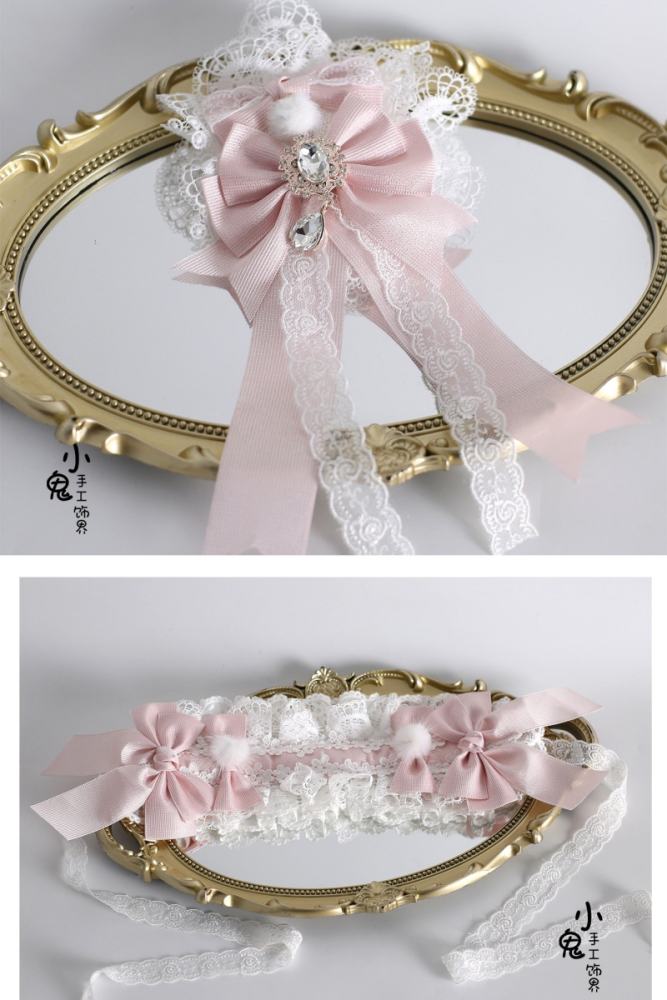 White Pink Lolita Bonnet Flower Ball Hairband and Choker