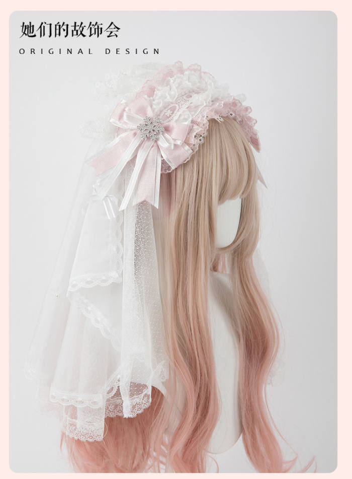 Gsh Pink Crown Lolita Top Hat Headbow Side Clip Hair Accessories