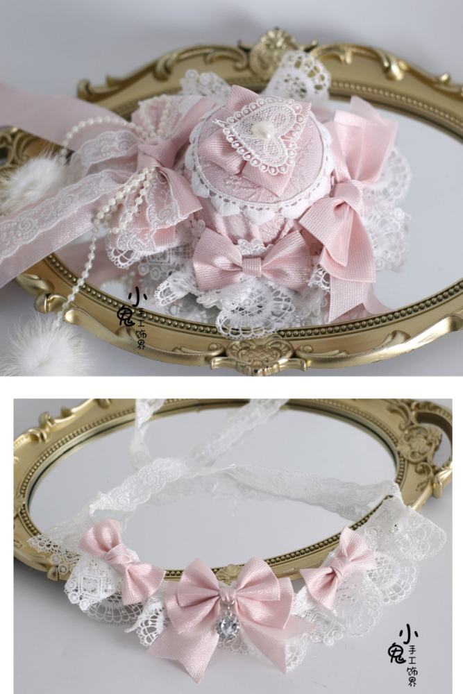 White Pink Lolita Bonnet Flower Ball Hairband and Choker