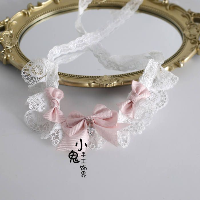 White Pink Lolita Bonnet Flower Ball Hairband and Choker