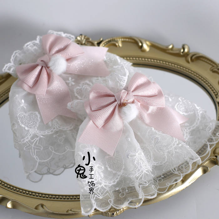 White Pink Lolita Bonnet Flower Ball Hairband and Choker