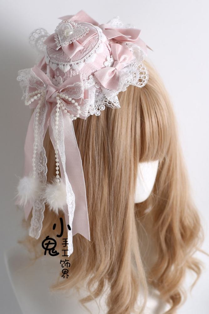 White Pink Lolita Bonnet Flower Ball Hairband and Choker