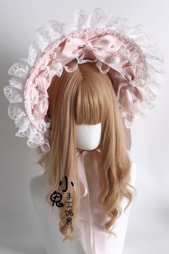 White Pink Lolita Bonnet Flower Ball Hairband and Choker