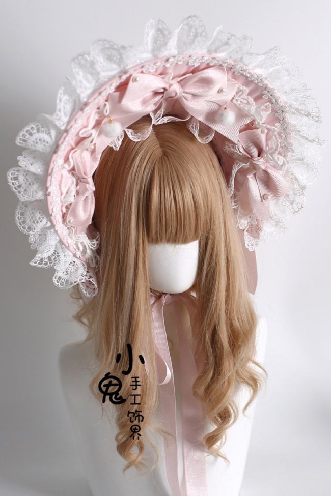 White Pink Lolita Bonnet Flower Ball Hairband and Choker