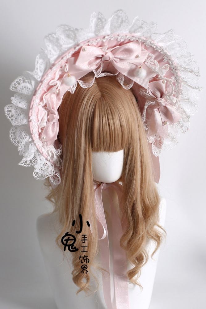 White Pink Lolita Bonnet Flower Ball Hairband and Choker