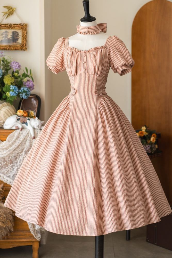 Forest Wardrobe Fragrance Forest French Vintage Striped Apricot Dress