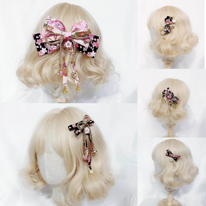 Lianzicao Japanese Cherry Blossom Black Pink Hairpin Lolita Side Clip