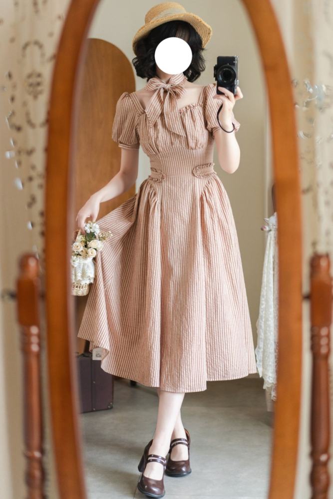 Forest Wardrobe Fragrance Forest French Vintage Striped Apricot Dress