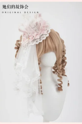 Gsh Pink Crown Lolita Top Hat Headbow Side Clip Hair Accessories