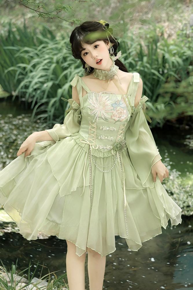 Tsinghua Dew Hanfu Style Green Jumper Lolita Set