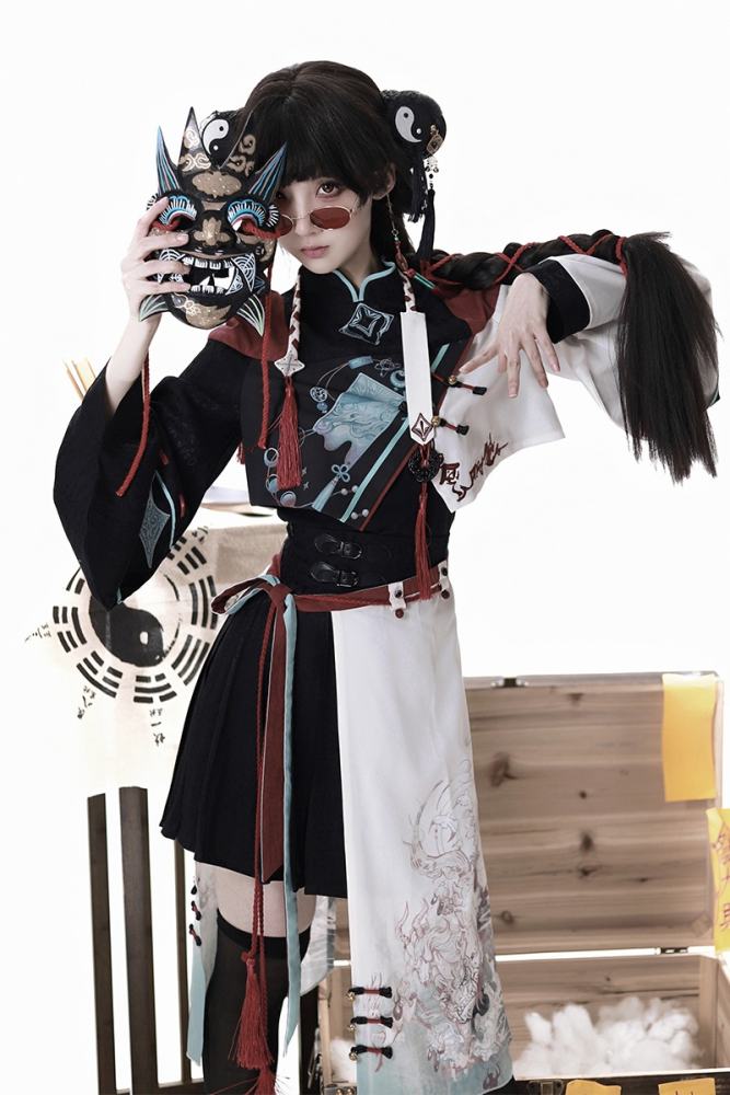 Walking with Demons Black Print Hanfu Style Lolita Skirt Set