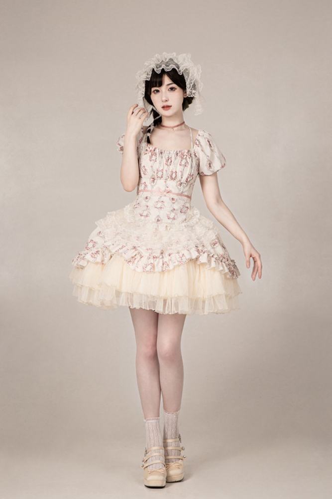 Withpuji Roses after Rain Apricot Printed Dress Lolita Clothes