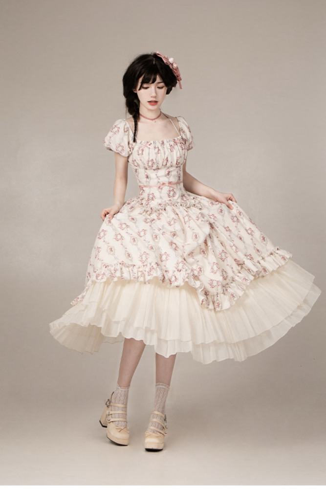 Withpuji Roses after Rain Apricot Printed Dress Lolita Clothes