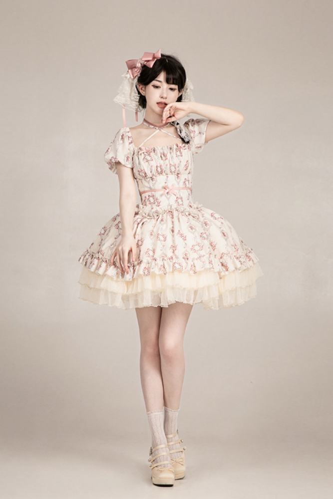 Withpuji Roses after Rain Apricot Printed Dress Lolita Clothes