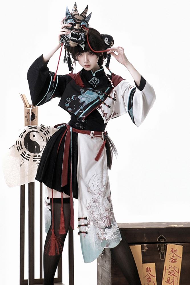 Walking with Demons Black Print Hanfu Style Lolita Skirt Set
