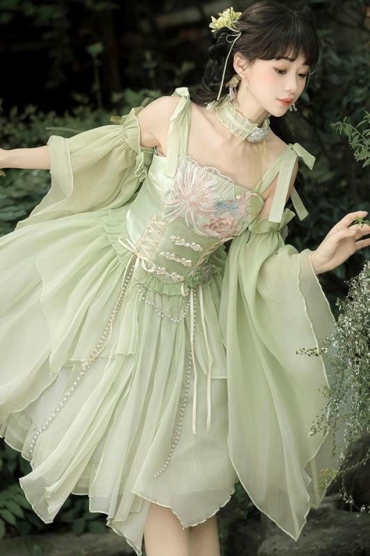 Tsinghua Dew Hanfu Style Green Jumper Lolita Set