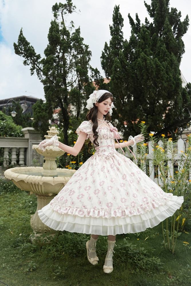 Withpuji Roses after Rain Apricot Printed Dress Lolita Clothes