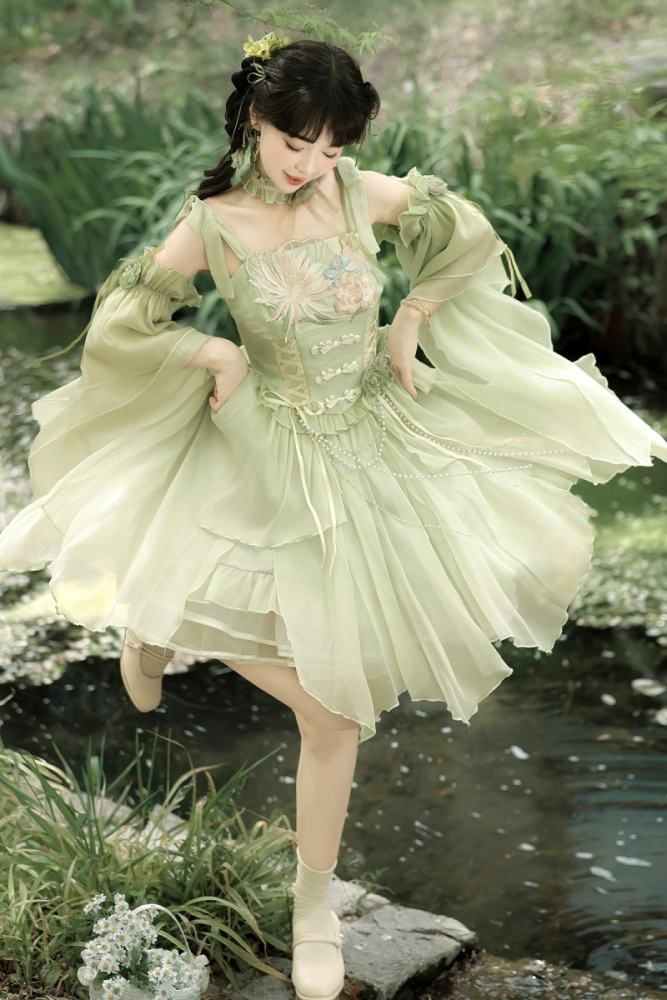 Tsinghua Dew Hanfu Style Green Jumper Lolita Set