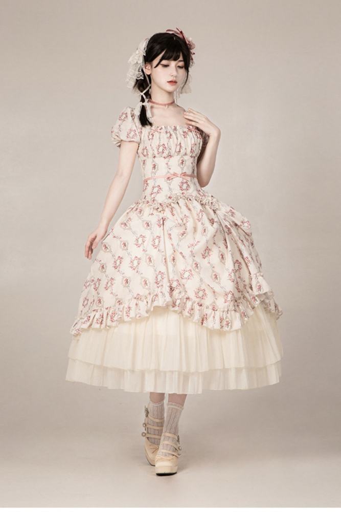 Withpuji Roses after Rain Apricot Printed Dress Lolita Clothes