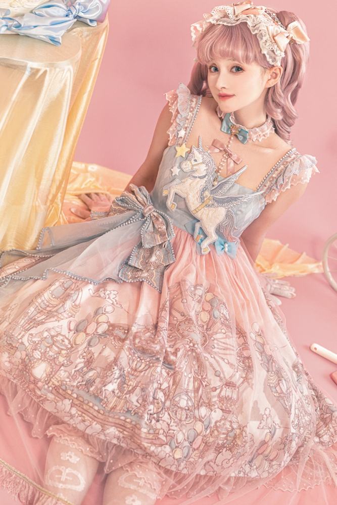 The Amusement Park in the Sky Pink Print Lolita Jumper