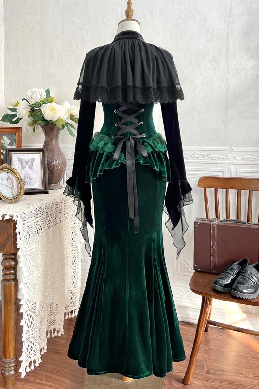 Dark Forest Black Green Gothic Lolita Top Fishtail Skirt