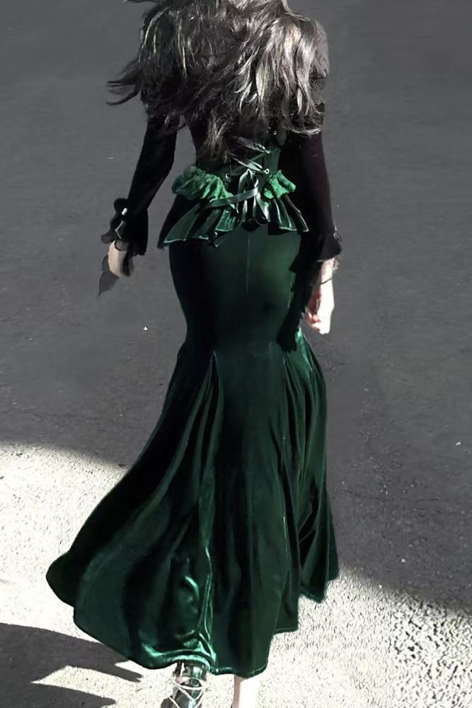 Dark Forest Black Green Gothic Lolita Top Fishtail Skirt