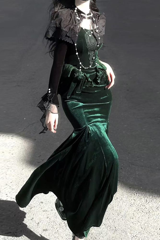 Dark Forest Black Green Gothic Lolita Top Fishtail Skirt