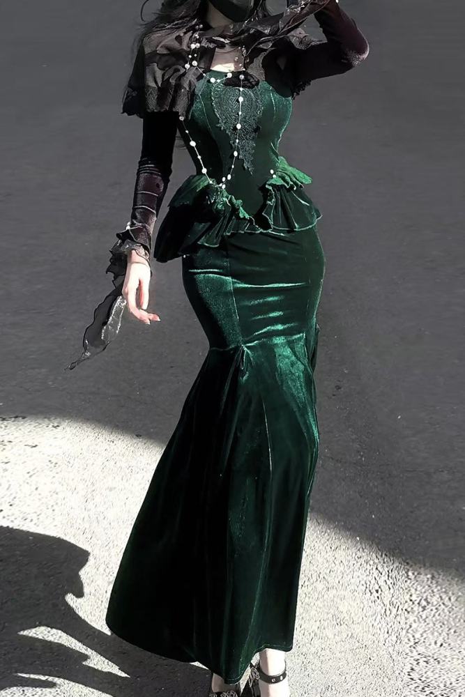 Dark Forest Black Green Gothic Lolita Top Fishtail Skirt