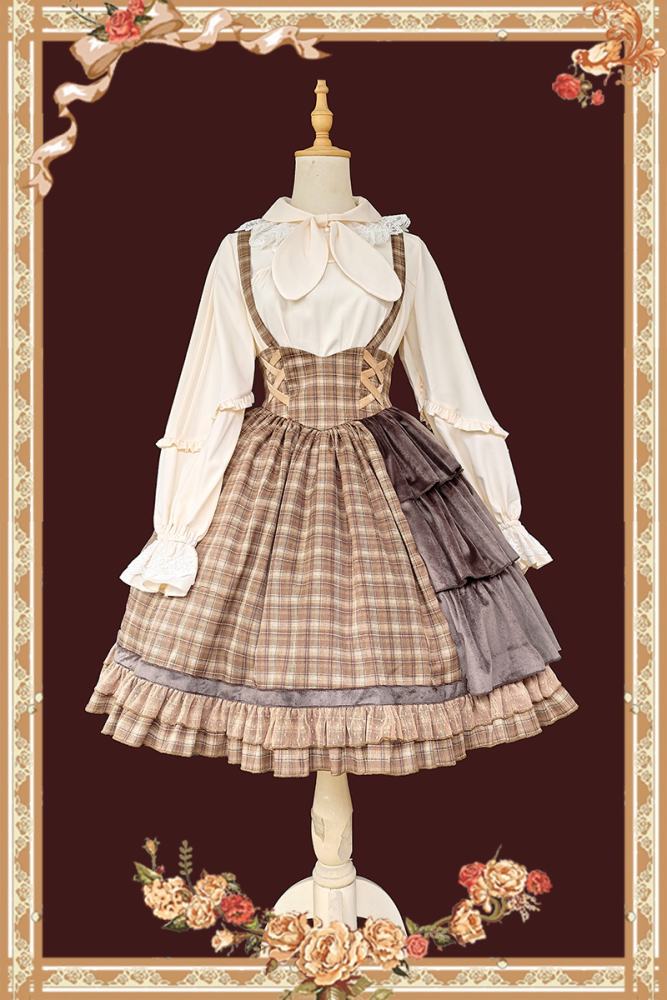 Infanta Morning Tune Brown Plaid High Waist Lolita Jumper Coat