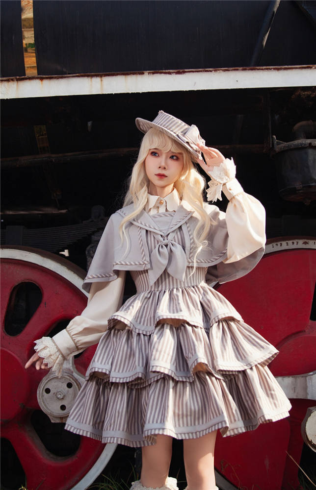 Infanta Stripe Tiered Lolita Jumper Dress, Cape and Blouse