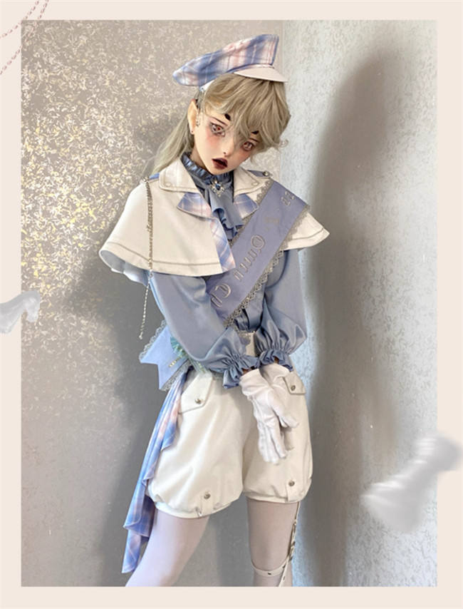 Queen's Game Ouji Lolita Blouse, Cape, Short Pants Pink Yellow Blue