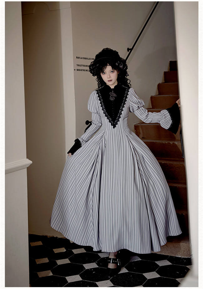Withpuji Stripe Gothic Lolita Dress and Apron