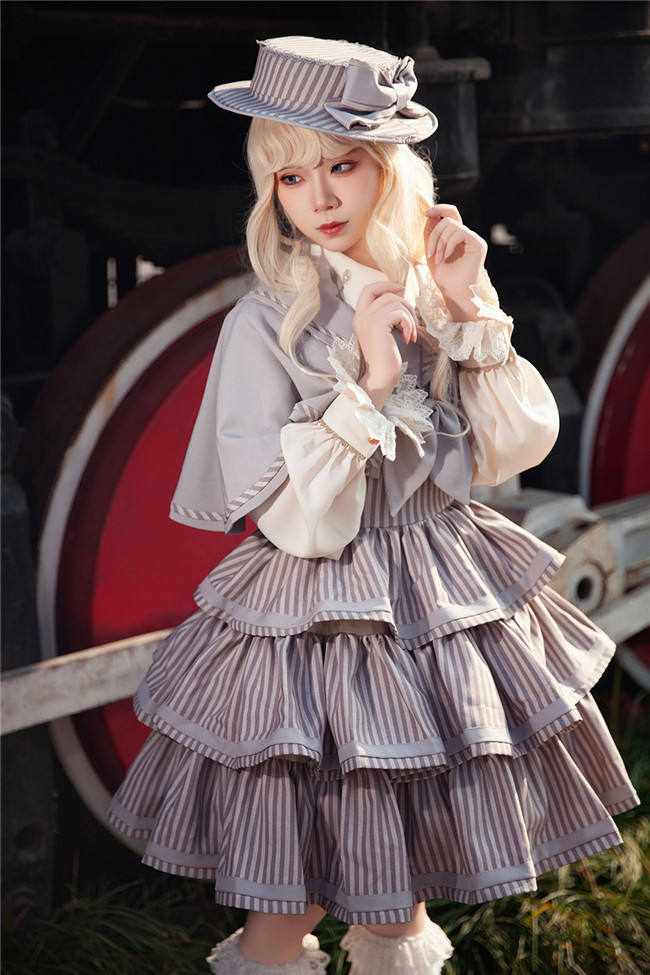 Infanta Stripe Tiered Lolita Jumper Dress, Cape and Blouse