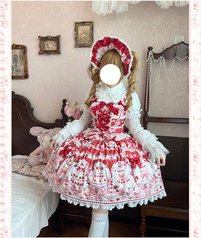 Antique Doll Strawberry Cake Sweet Lolita Dress, Blouse and Accessories